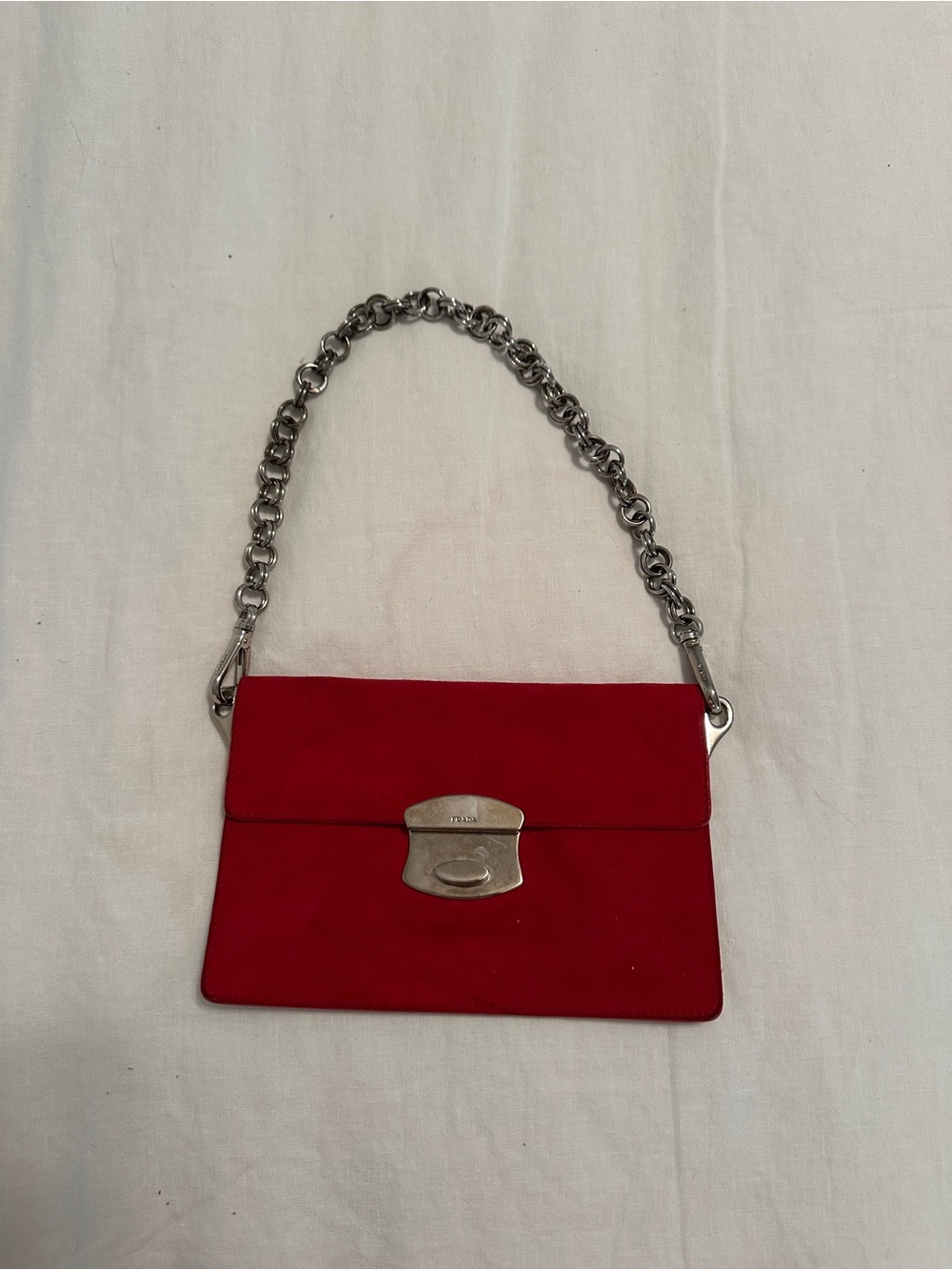 Prada Red Suede Mini Shoulder Bag with Silver Chain - Picture 1 of 7
